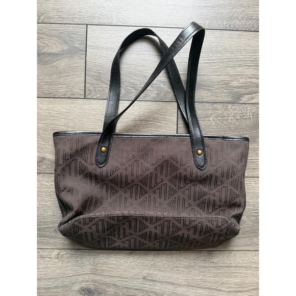 1967 Ralph Lauren Brown Monogram Jacquard Tote Bag Black Leather Trim Gold Logo - Picture 2 of 8